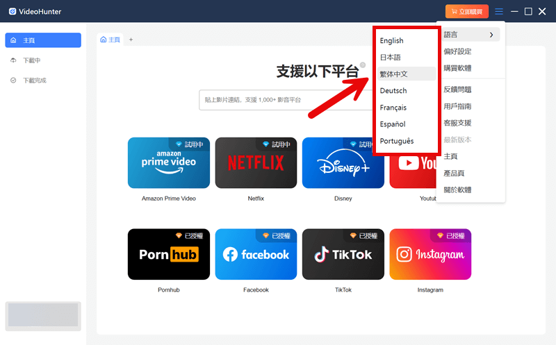 切換 VideoHunter 程式語言